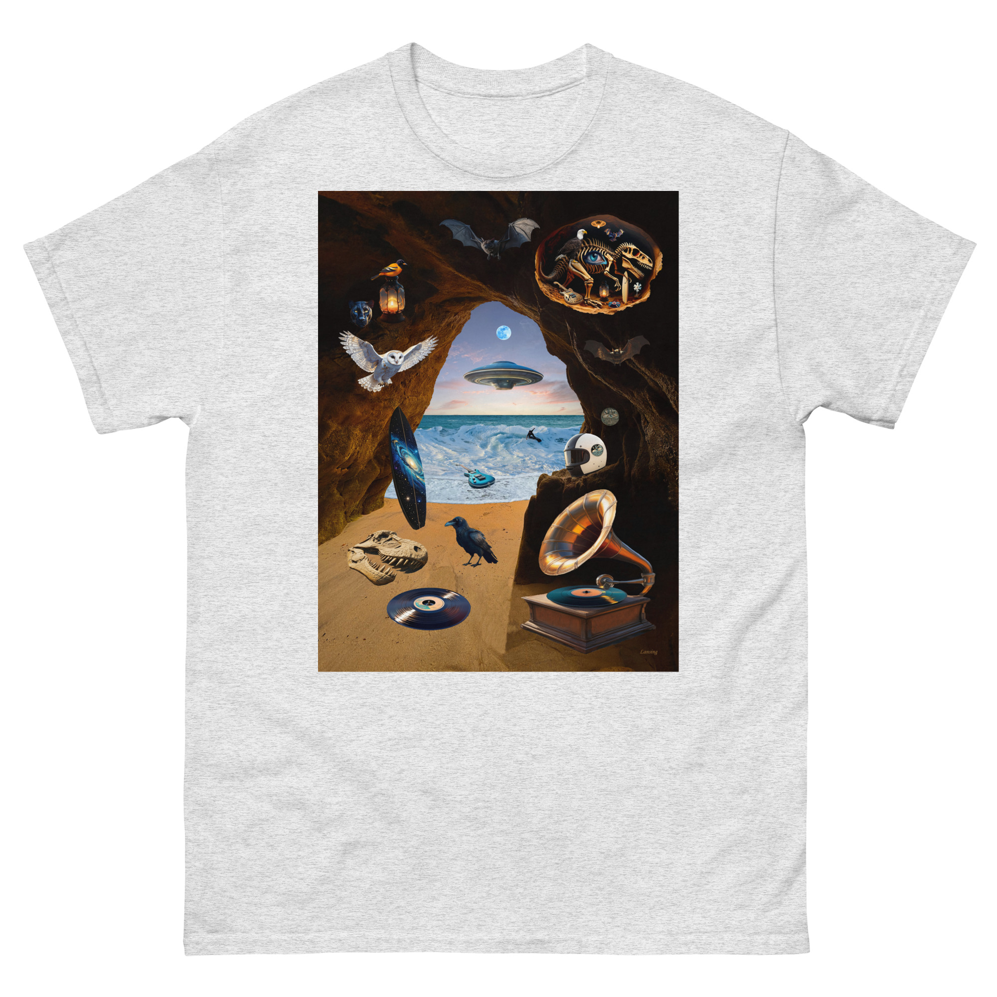 Surreal beach collage with UFO and records