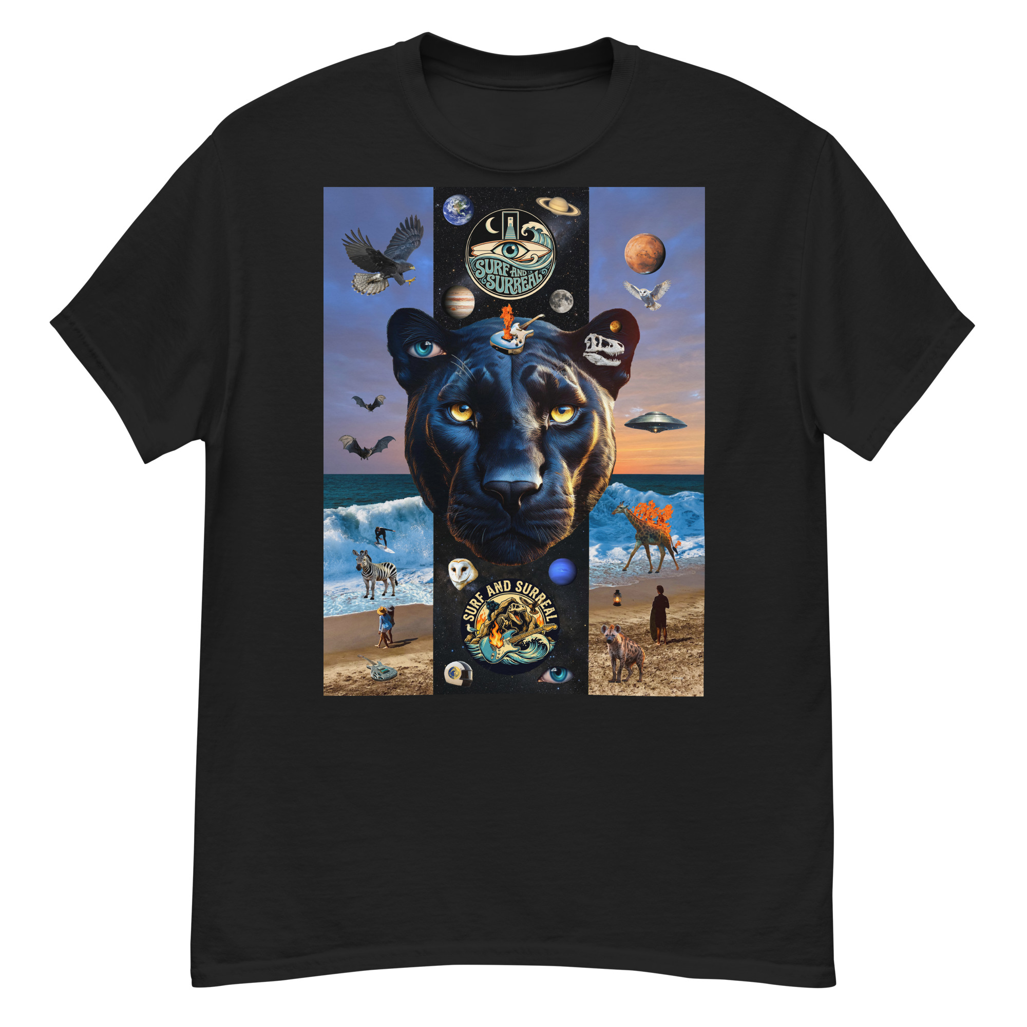 Black panther surf collage on black t-shirt