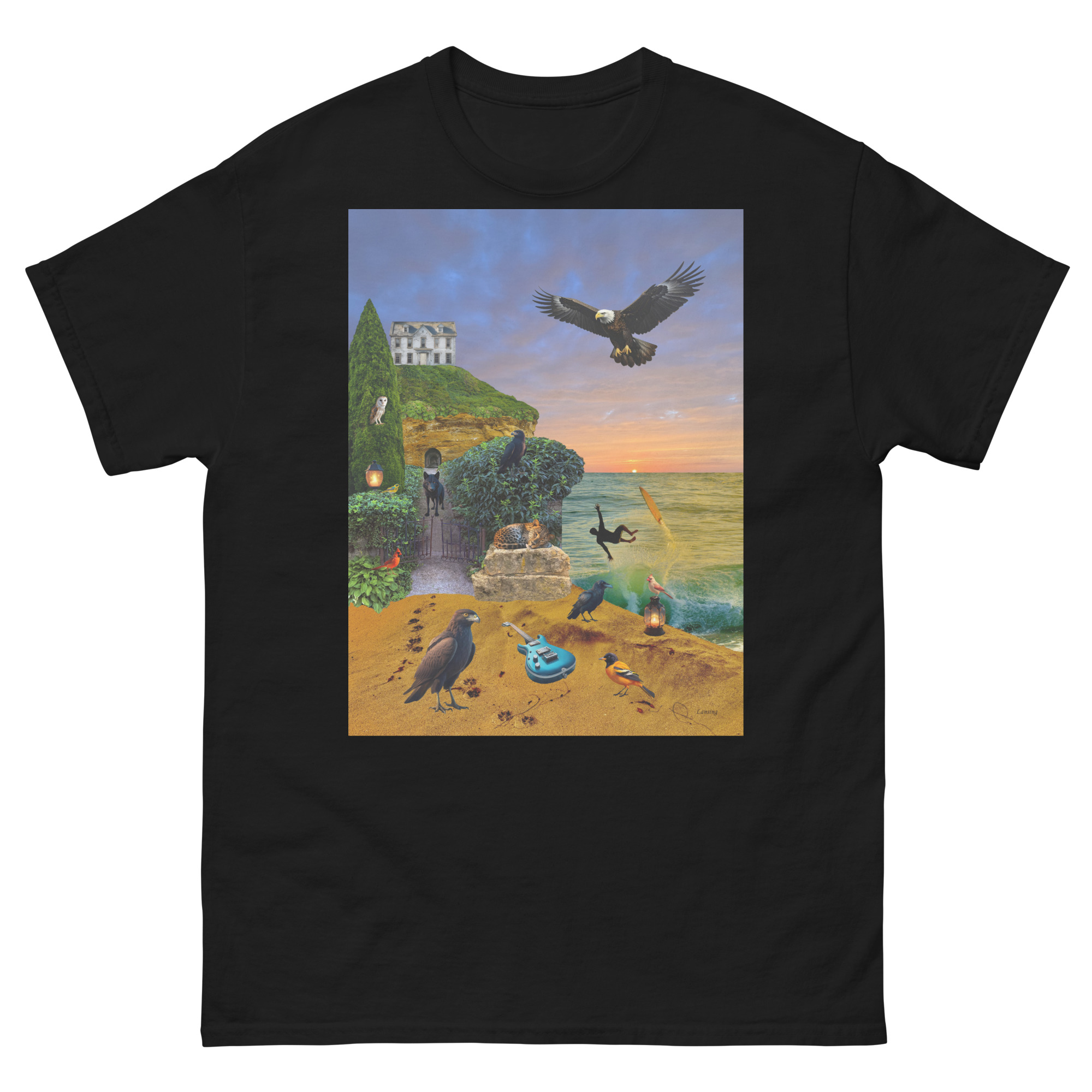 Surreal seaside scene with birds and blue guitar