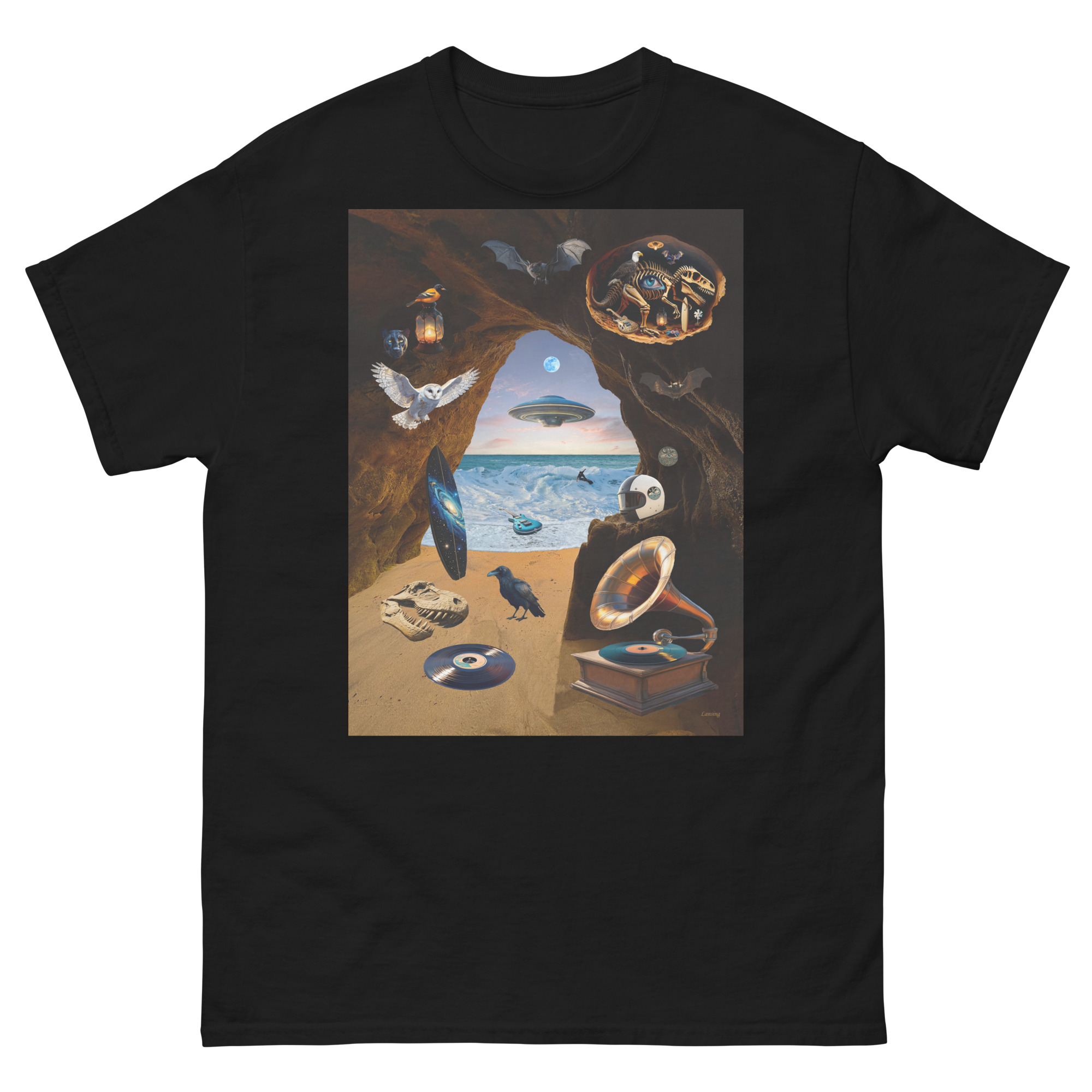 Surreal beach scene with UFO and gramophone