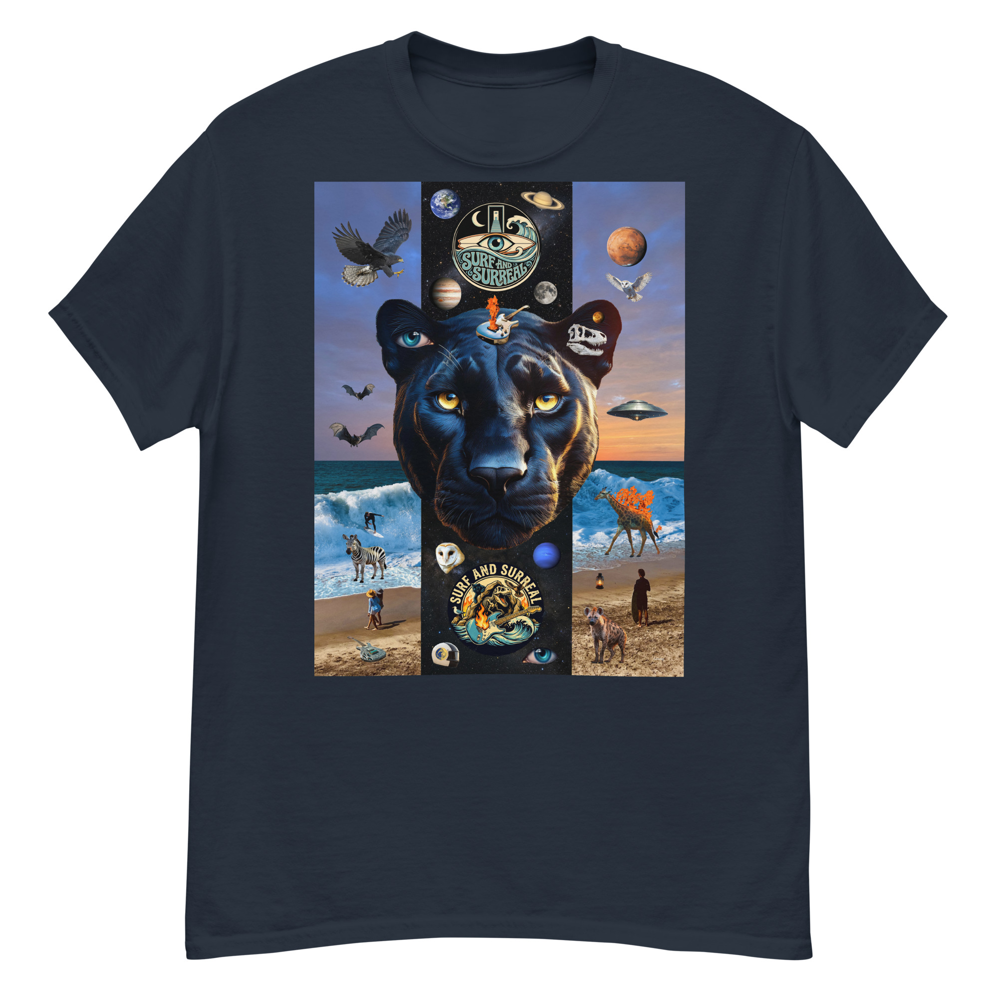 Navy T-shirt with black panther ocean collage
