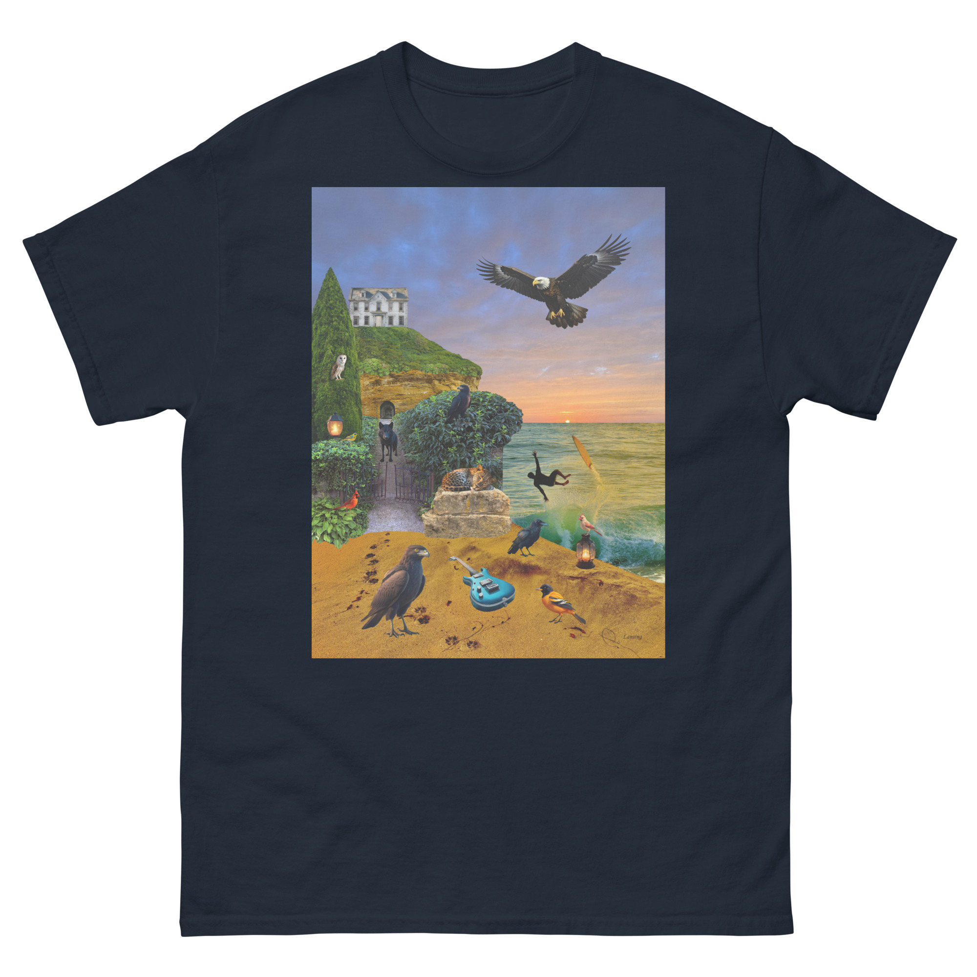 Surreal beach scene with birds and guitar