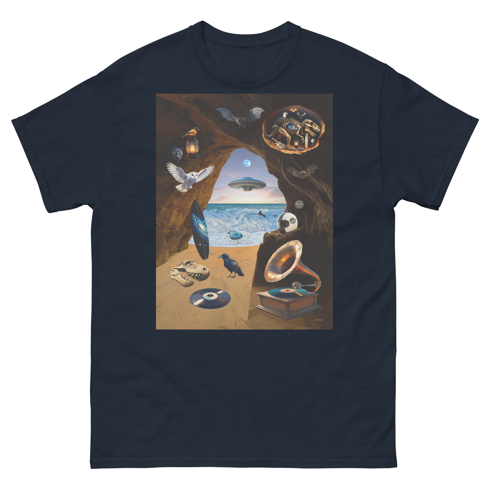 Surreal beach cave with UFO, records, gramophone