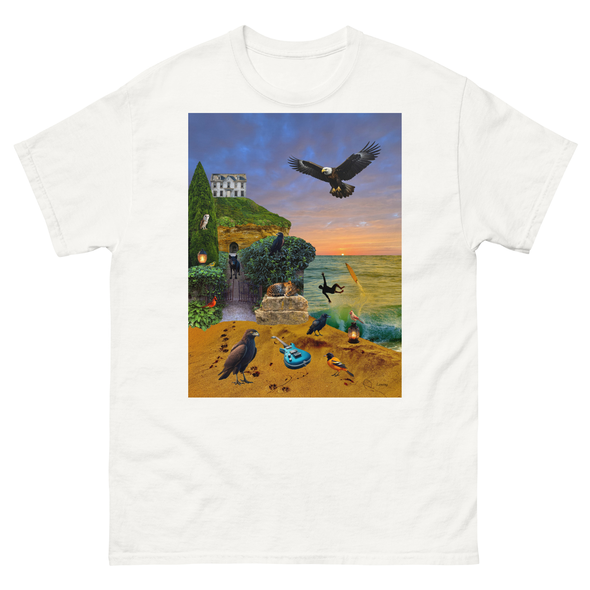 White t-shirt with surreal beach collage design