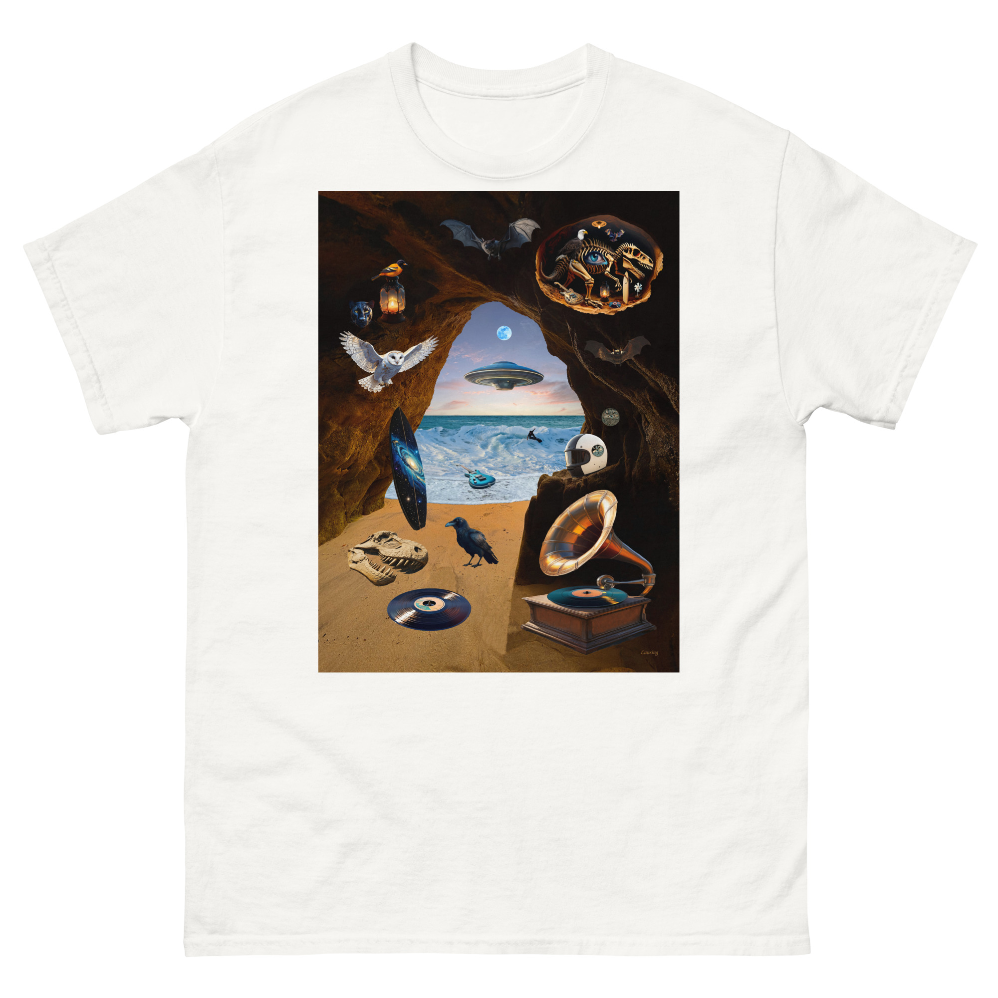 T-shirt featuring surreal collage: UFO, records, gramophone